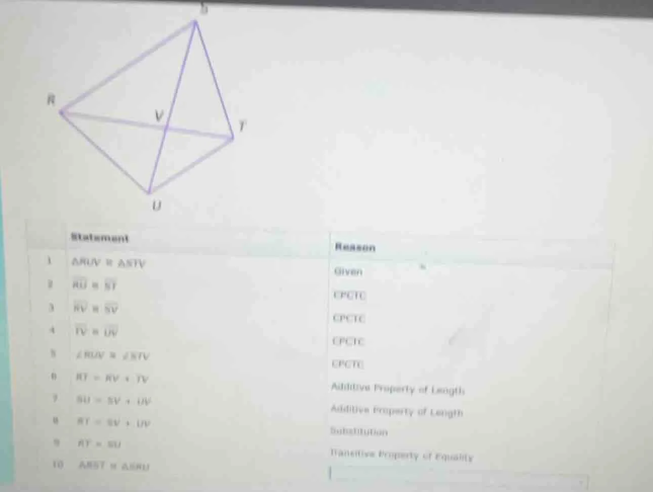 statement reason 1 △ruv ≅ △stv given 2 ru ≅ st cpctc 3 rv ≅ sv cpctc 4 …