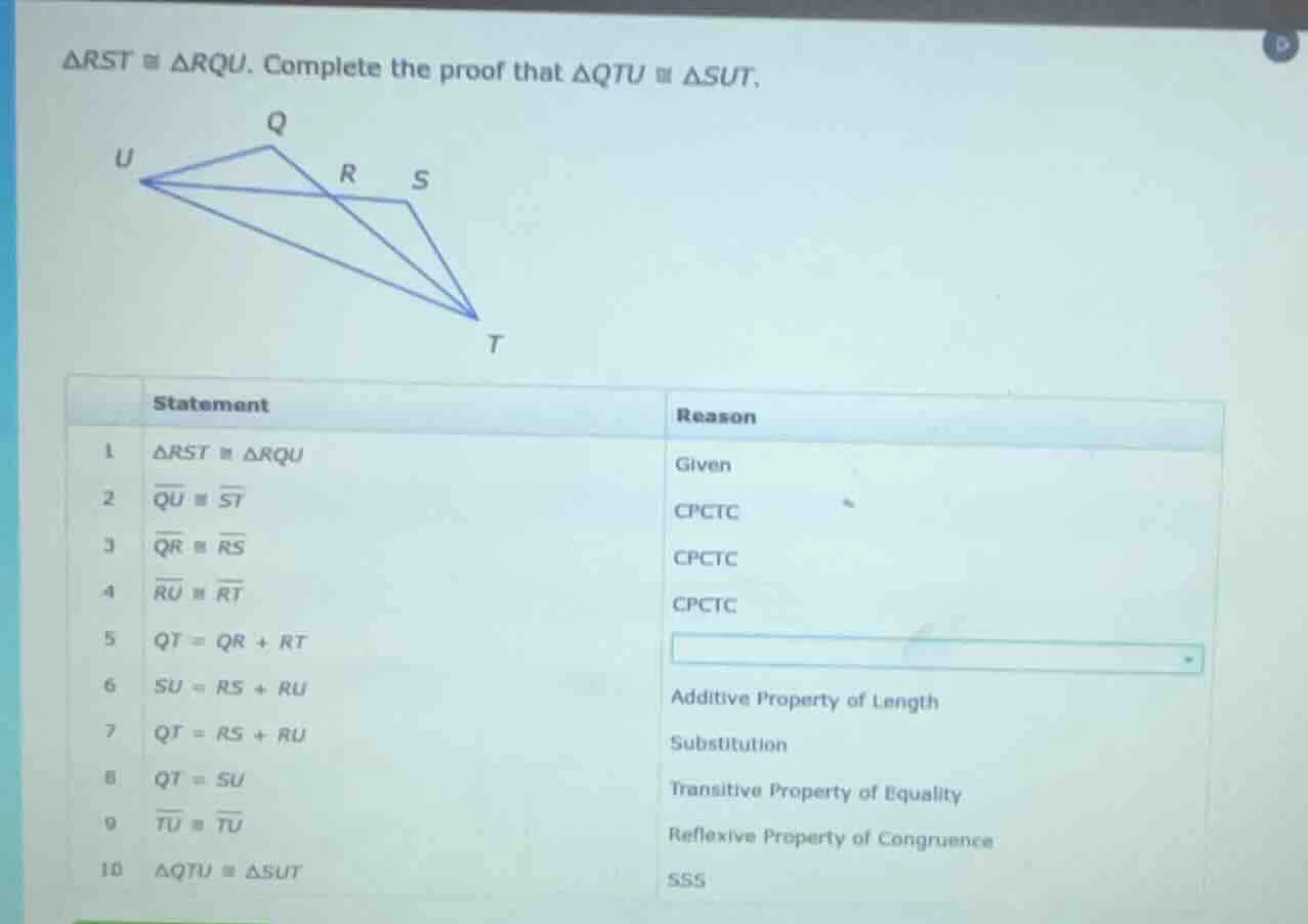 $\\triangle rst \\cong \\triangle rqu$. complete the proof that $\\tria…