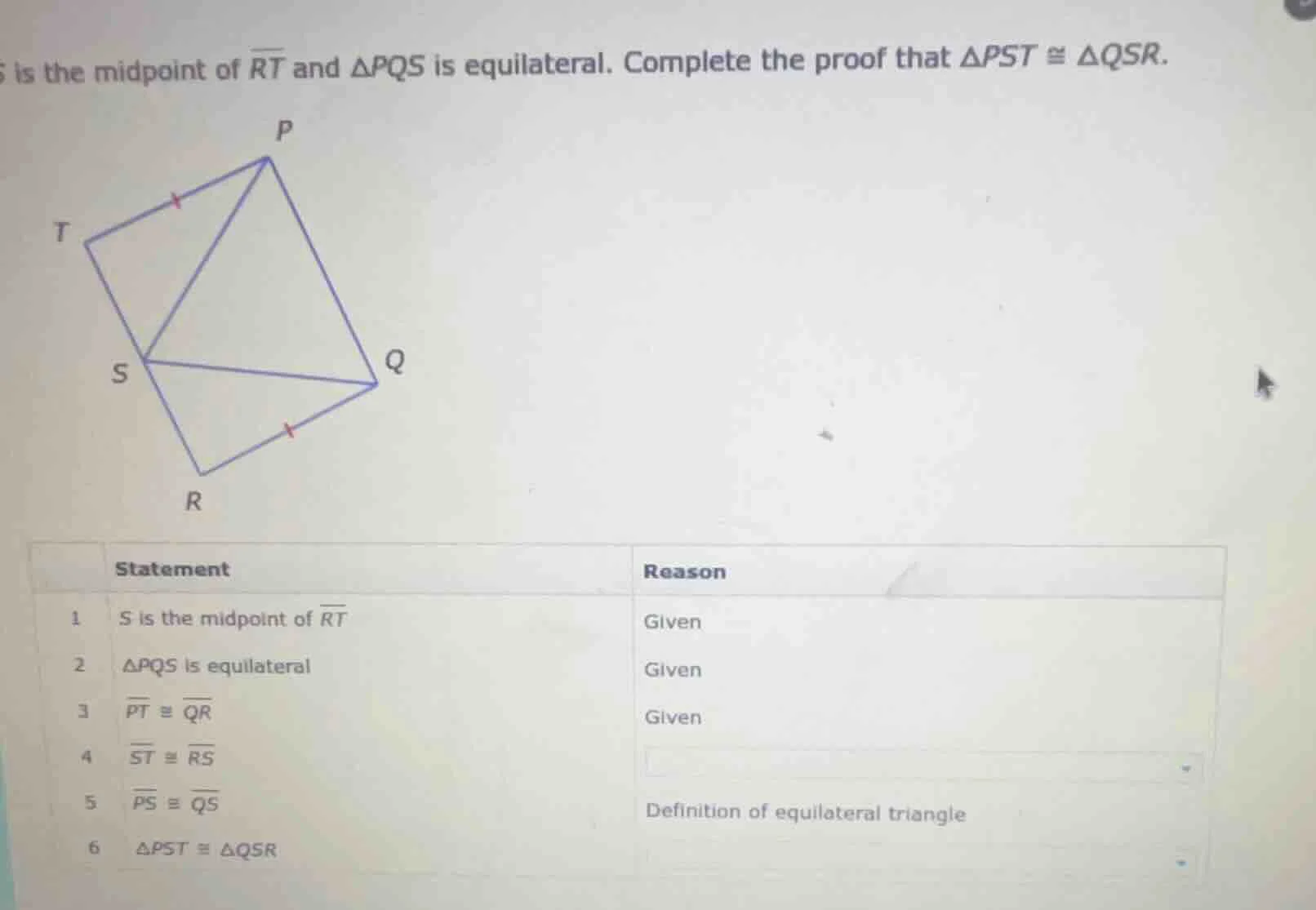 s is the midpoint of \\(overline{rt}\\) and \\(\triangle pqs\\) is equi…