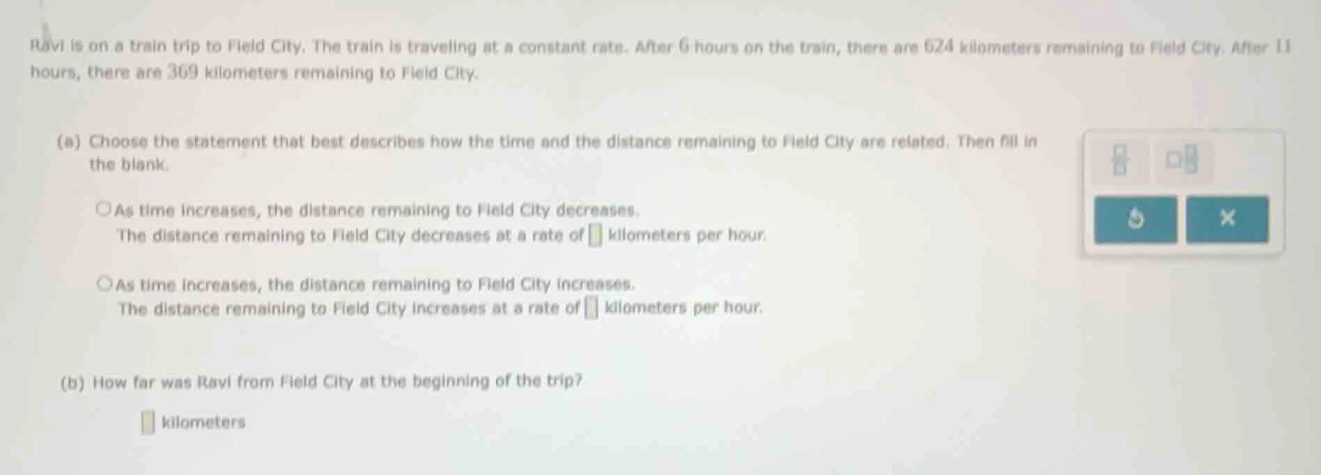 ravi is on a train trip to field city. the train is traveling at a cons…