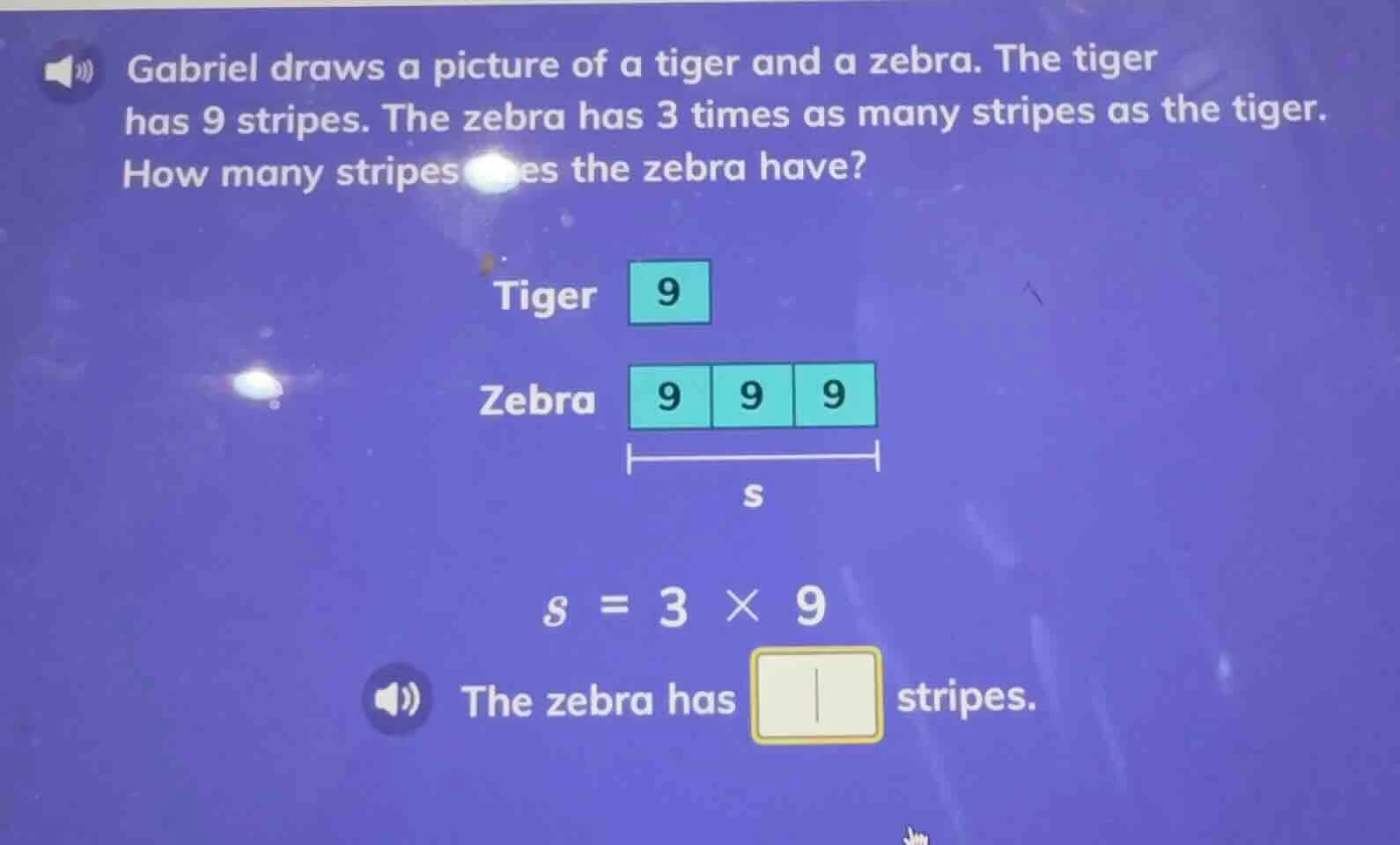 gabriel draws a picture of a tiger and a zebra. the tiger has 9 stripes…