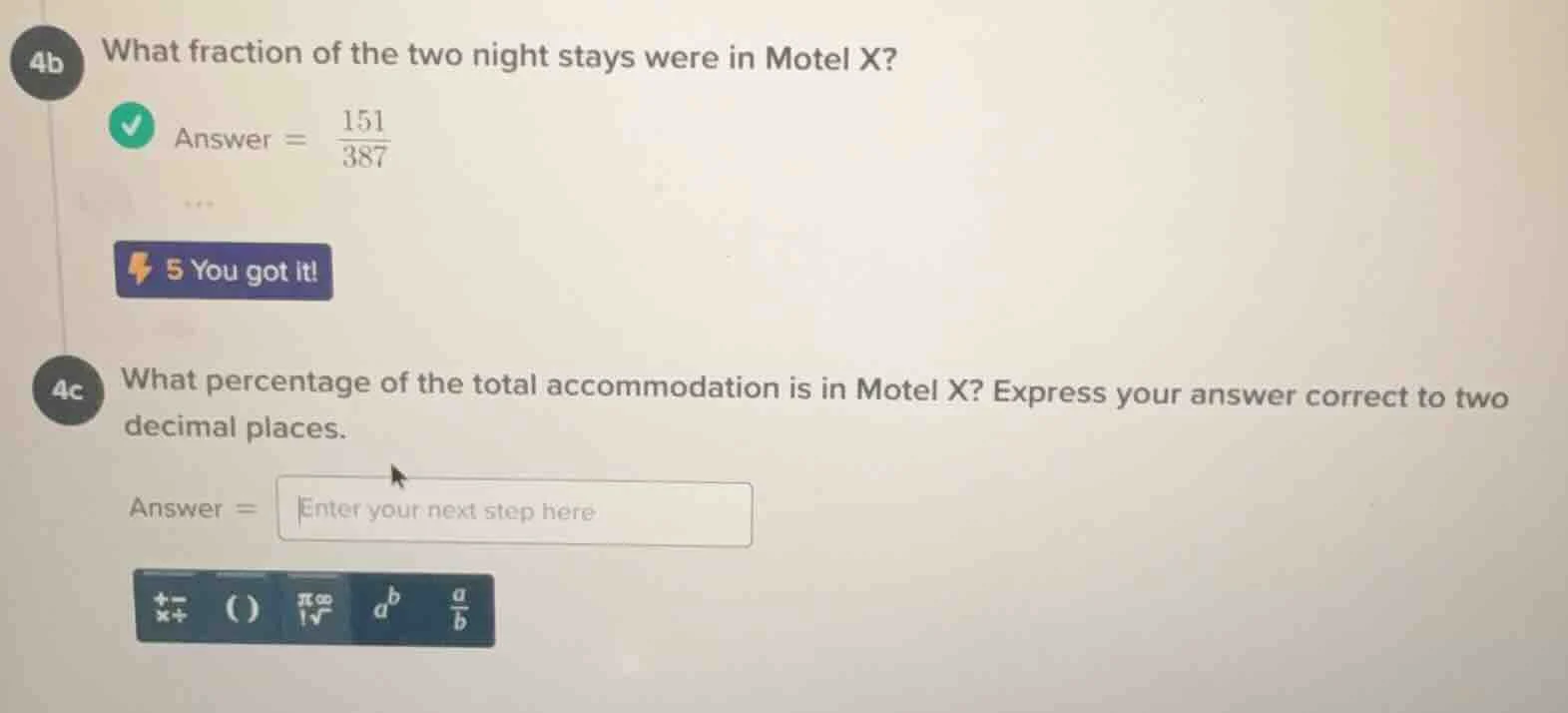 4b what fraction of the two night stays were in motel x? answer = \\(\\…