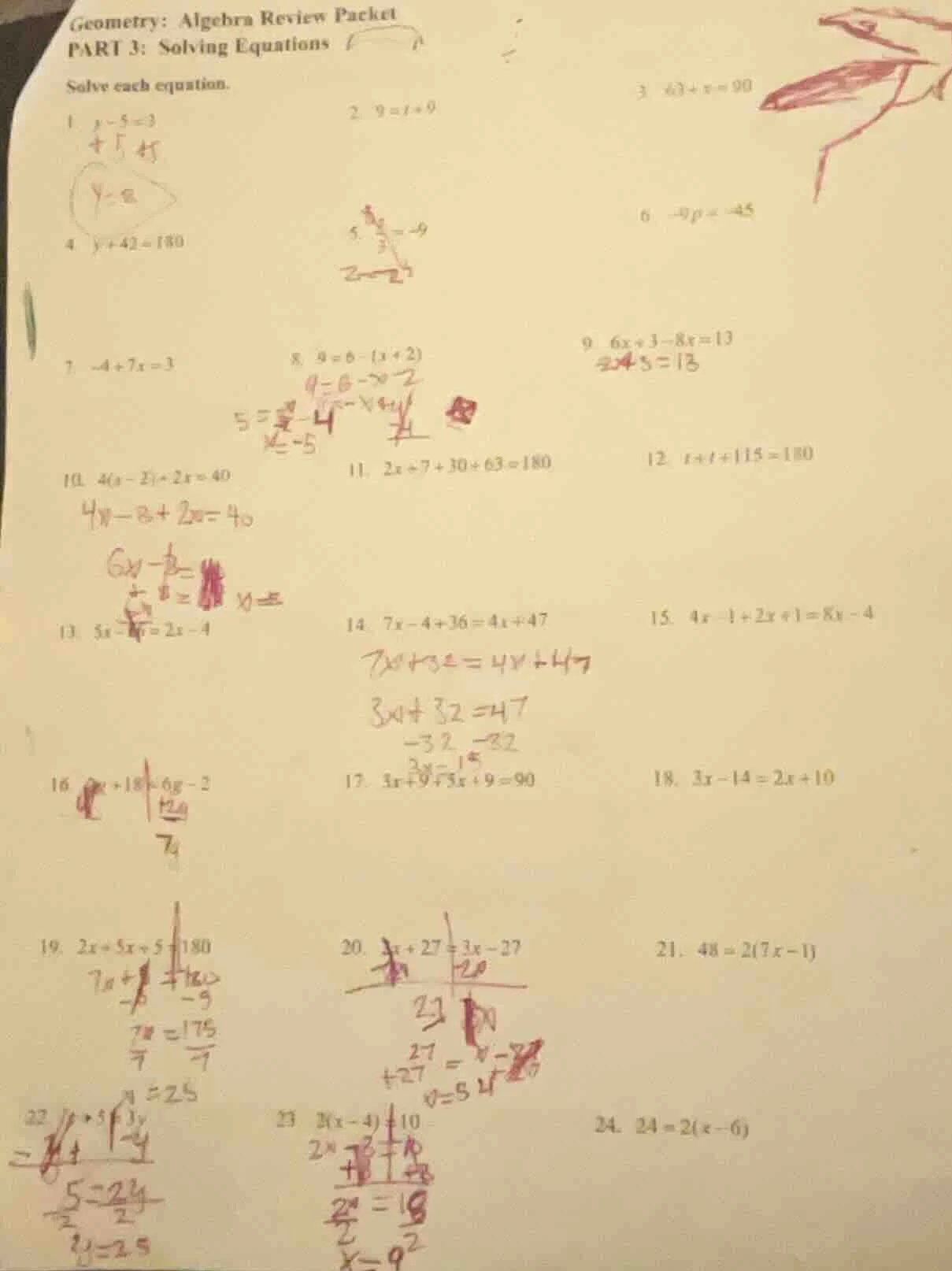 geometry: algebra review packet part 3: solving equations solve each eq…