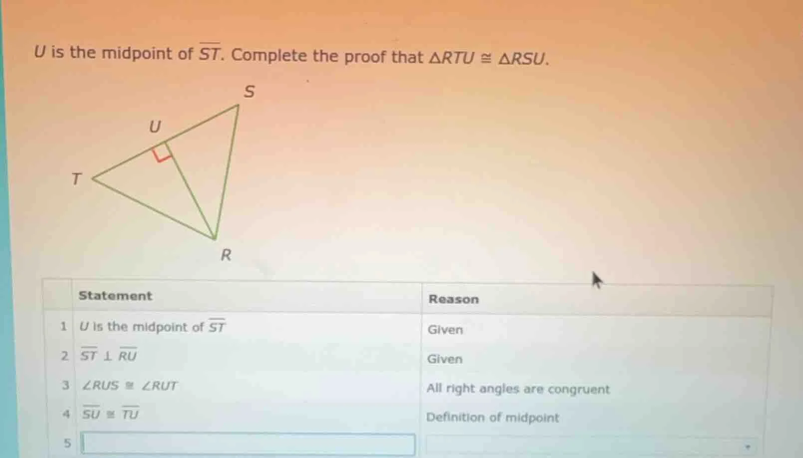 u is the midpoint of \\(\\overline{st}\\). complete the proof that \\(\…