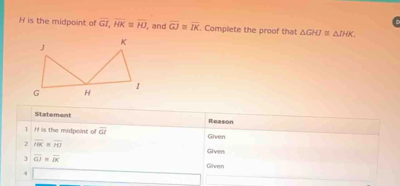 h is the midpoint of \\(overline{gi}\\), \\(overline{hk} \\cong overlin…