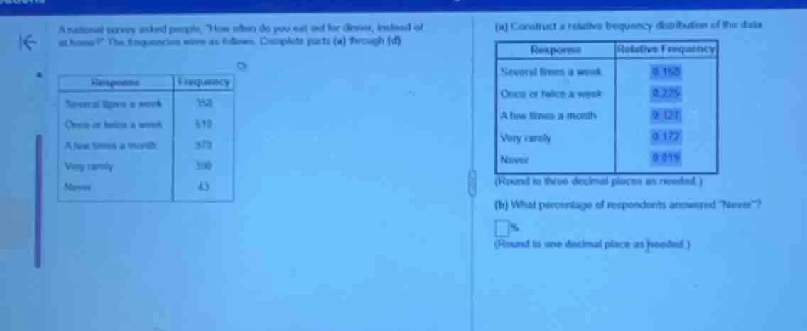 a national survey asked people, \how often do you eat out for dinner, i…