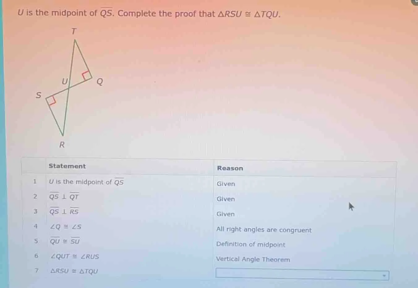 u is the midpoint of \\(\\overline{qs}\\). complete the proof that \\(\…