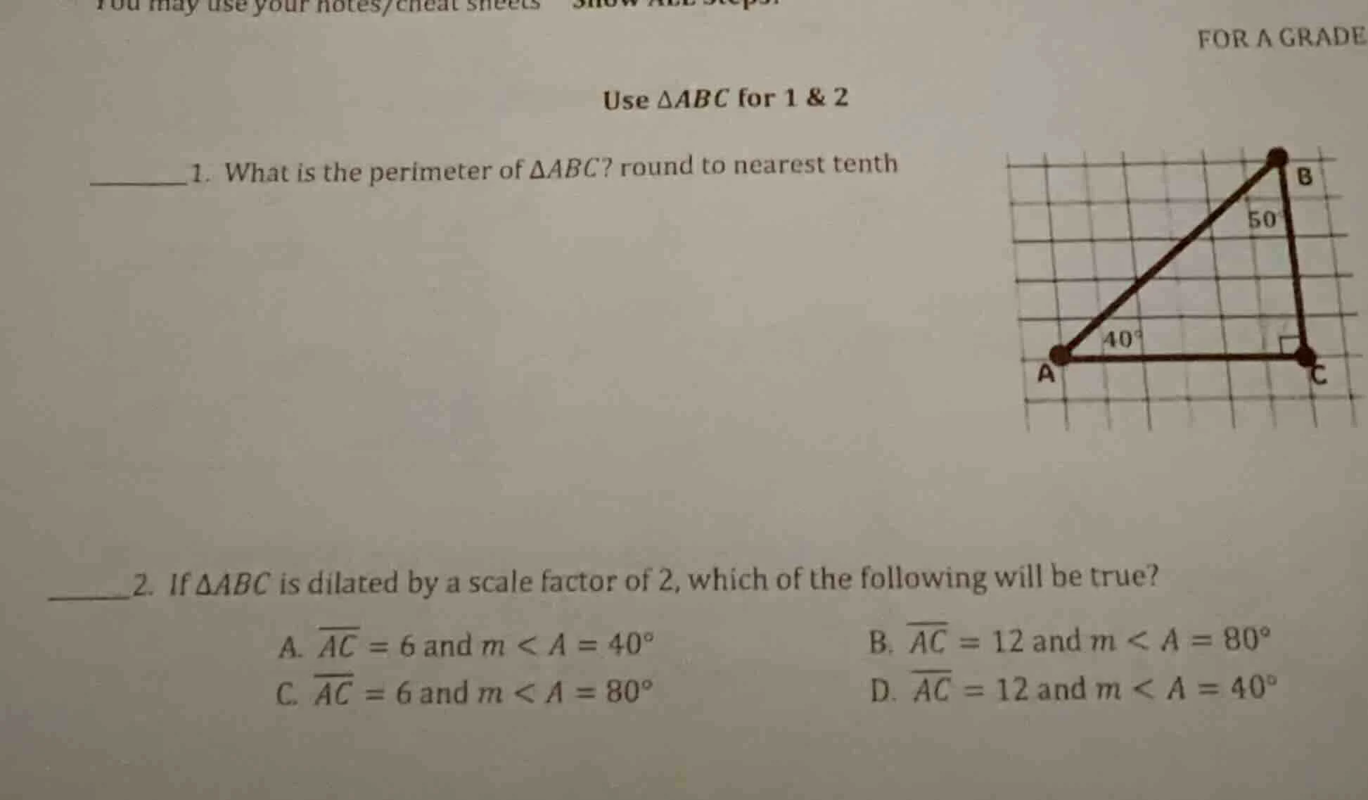 you may use your notes/cheat sheets show all steps for a grade use $\\t…