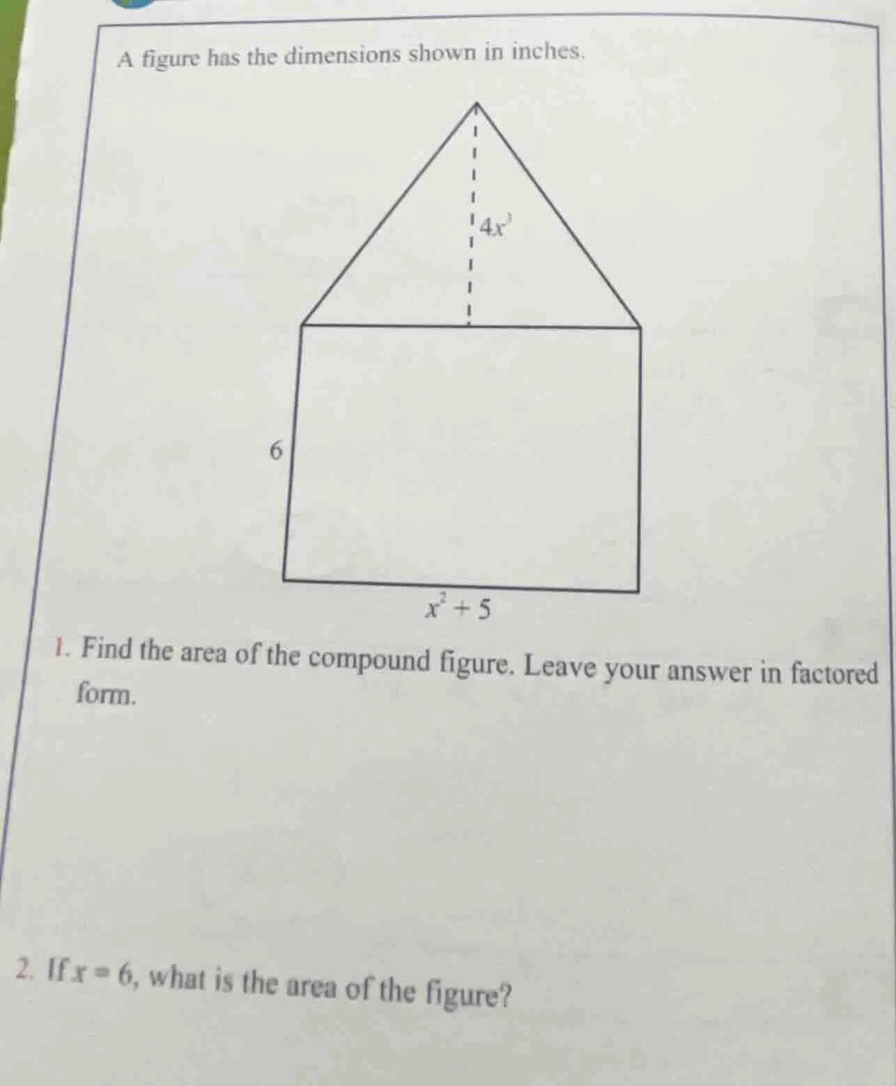 a figure has the dimensions shown in inches. 1. find the area of the co…