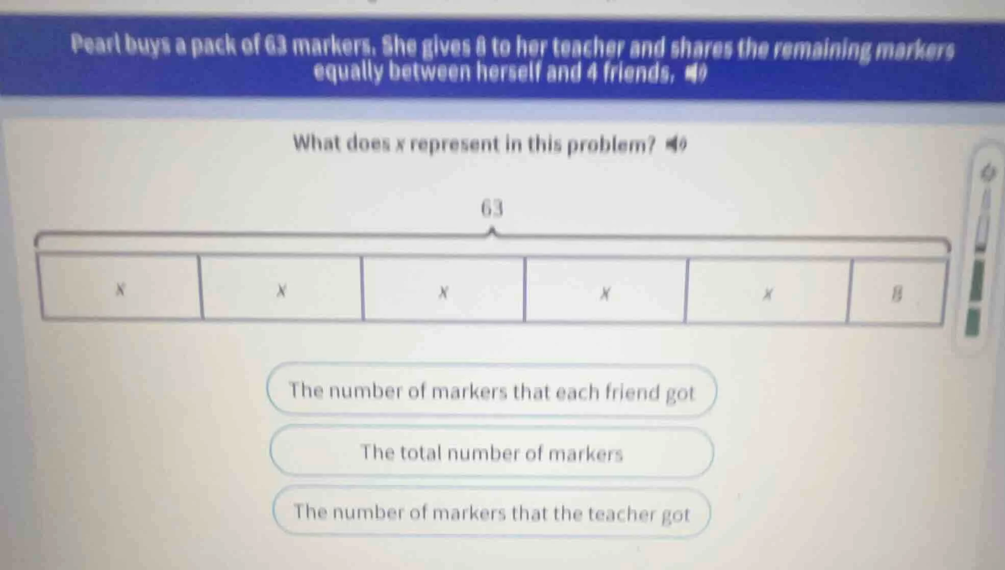 pearl buys a pack of 63 markers. she gives 8 to her teacher and shares …