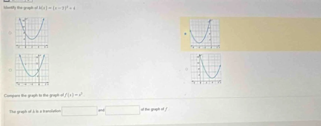 identify the graph of ( h(x) = (x - 2)^2 + 4 ) images of graphs compare…