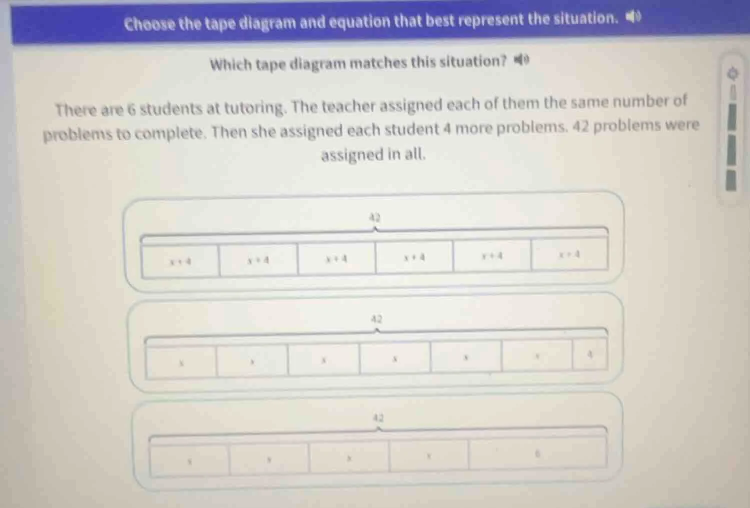 choose the tape diagram and equation that best represent the situation.…