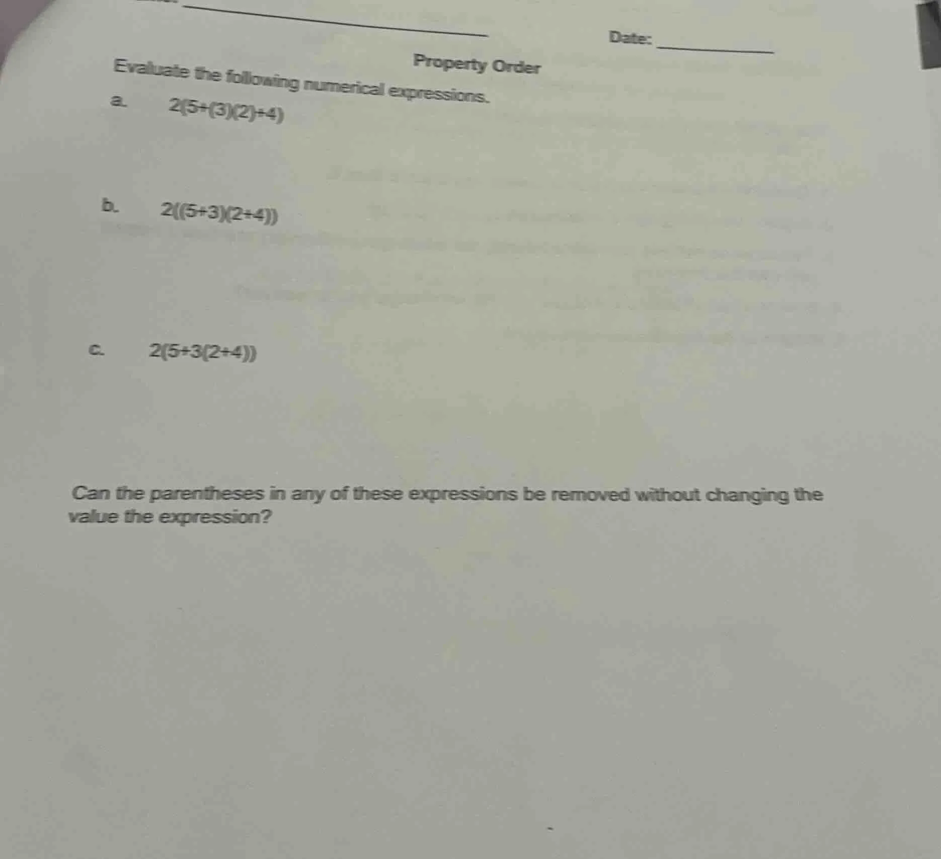 property order evaluate the following numerical expressions. a. \\(2(5+…