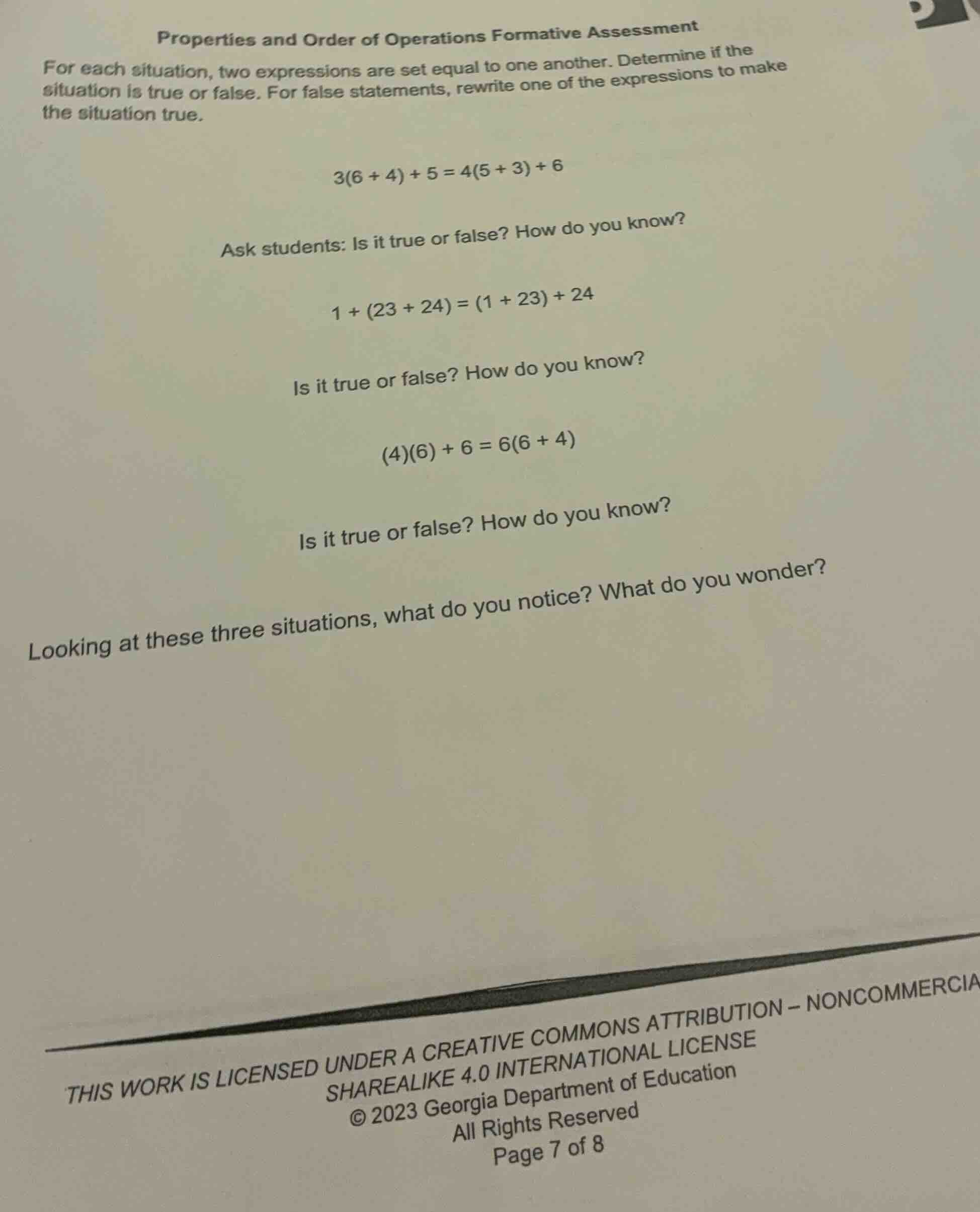 properties and order of operations formative assessment for each situat…
