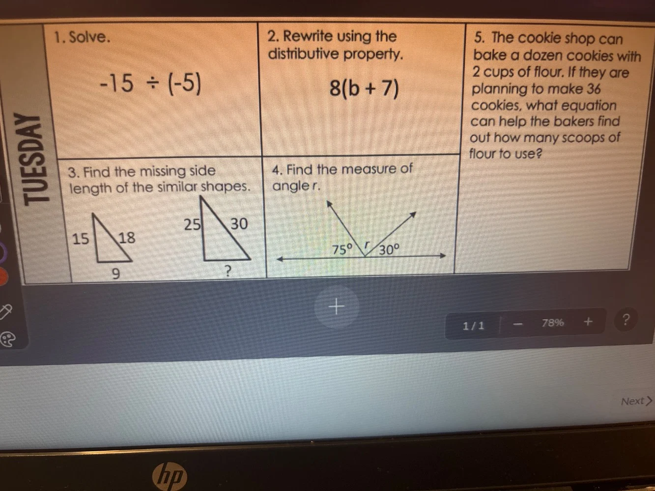 1. solve. -15 ÷ (-5) 2. rewrite using the distributive property. 8(b + …