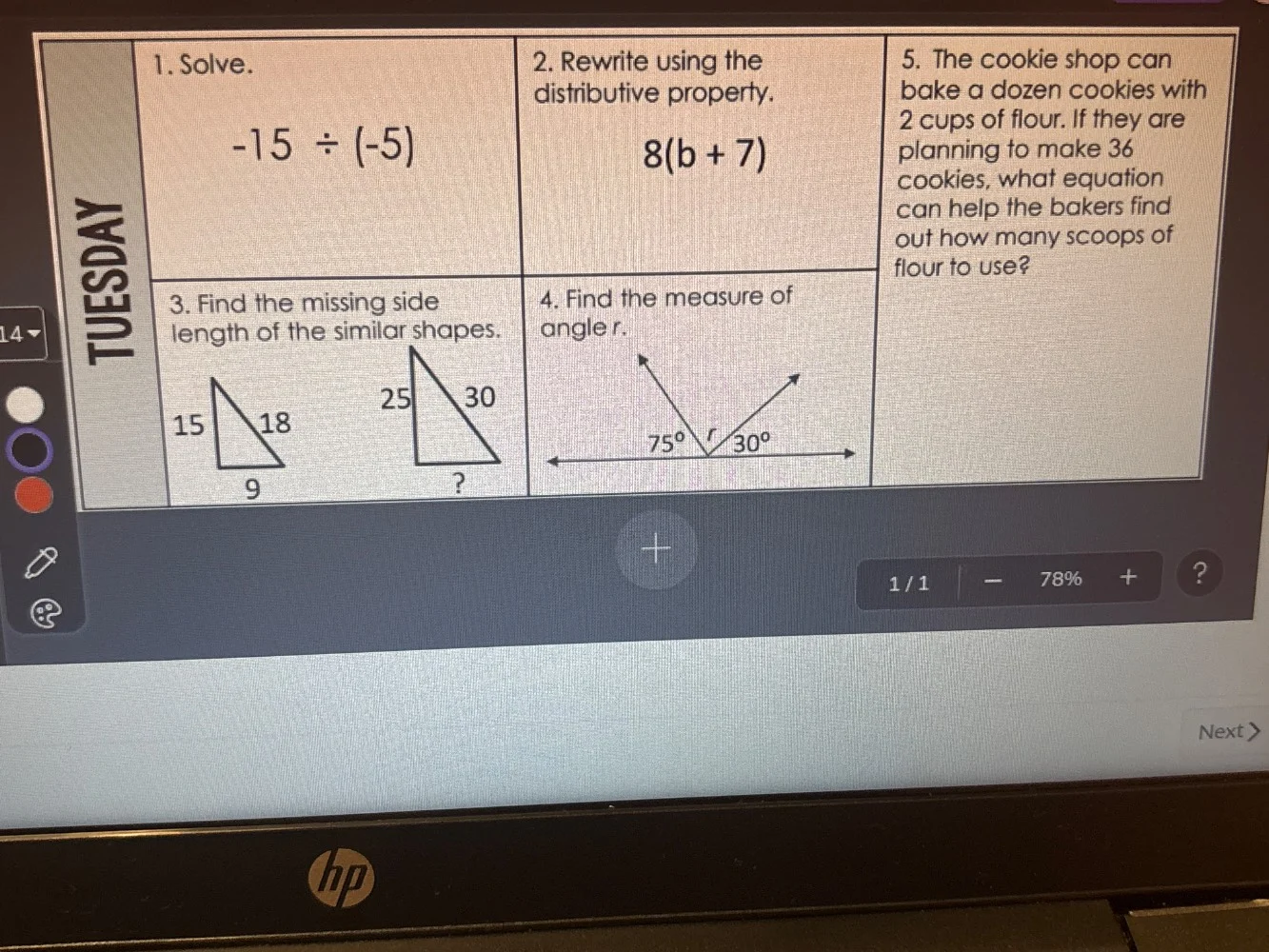 1. solve. -15 ÷ (-5) 2. rewrite using the distributive property. 8(b + …
