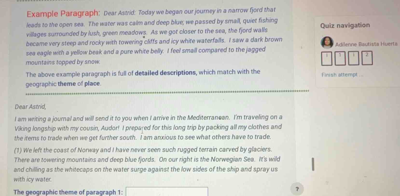 example paragraph: dear astrid: today we began our journey in a narrow …