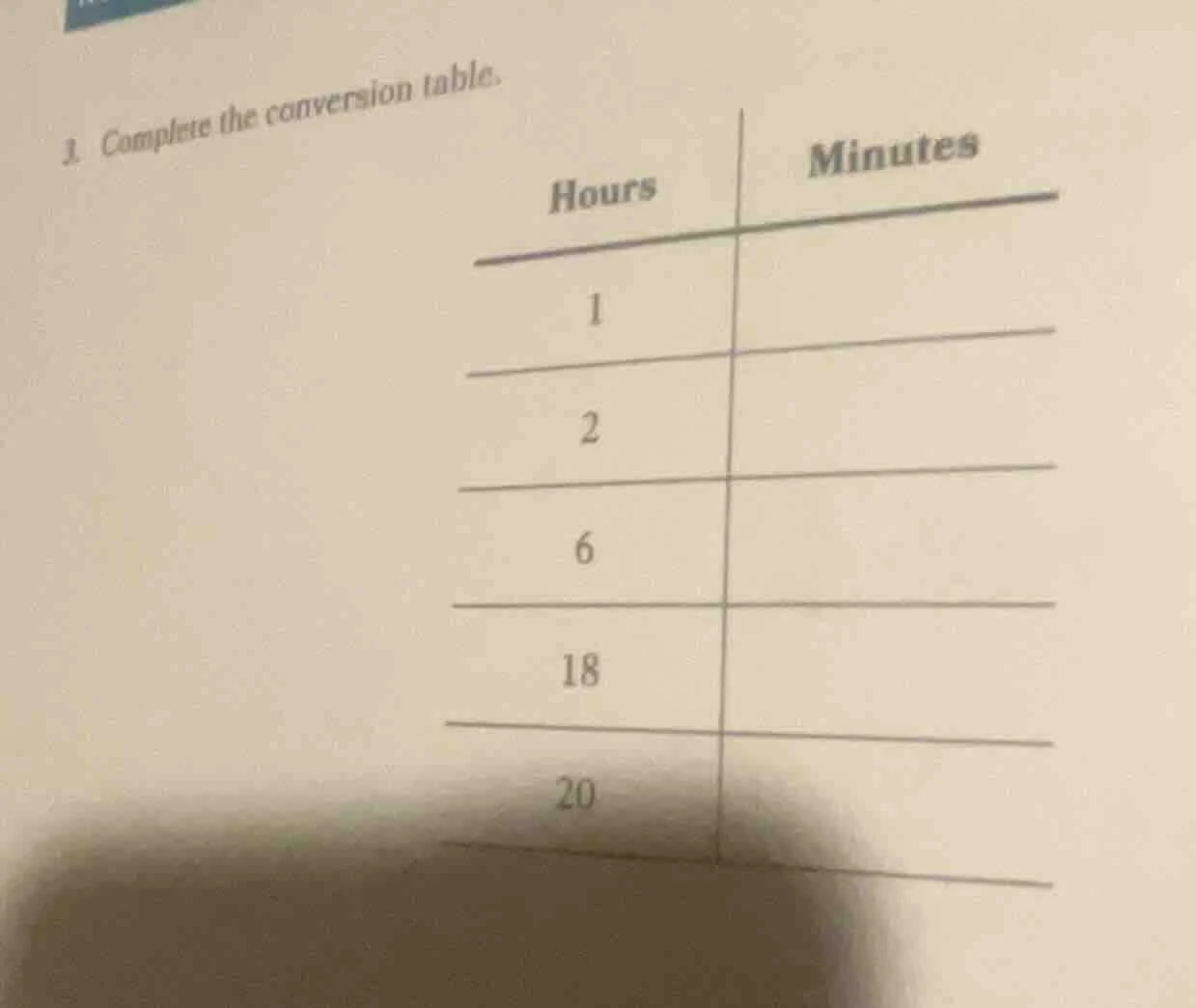 1. complete the conversion table. hours | minutes 1 2 6 18 20