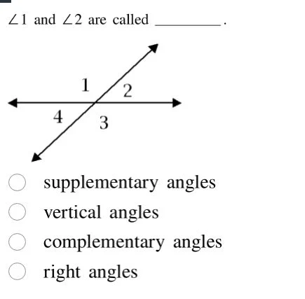 ∠1 and ∠2 are called ______. supplementary angles vertical angles compl…