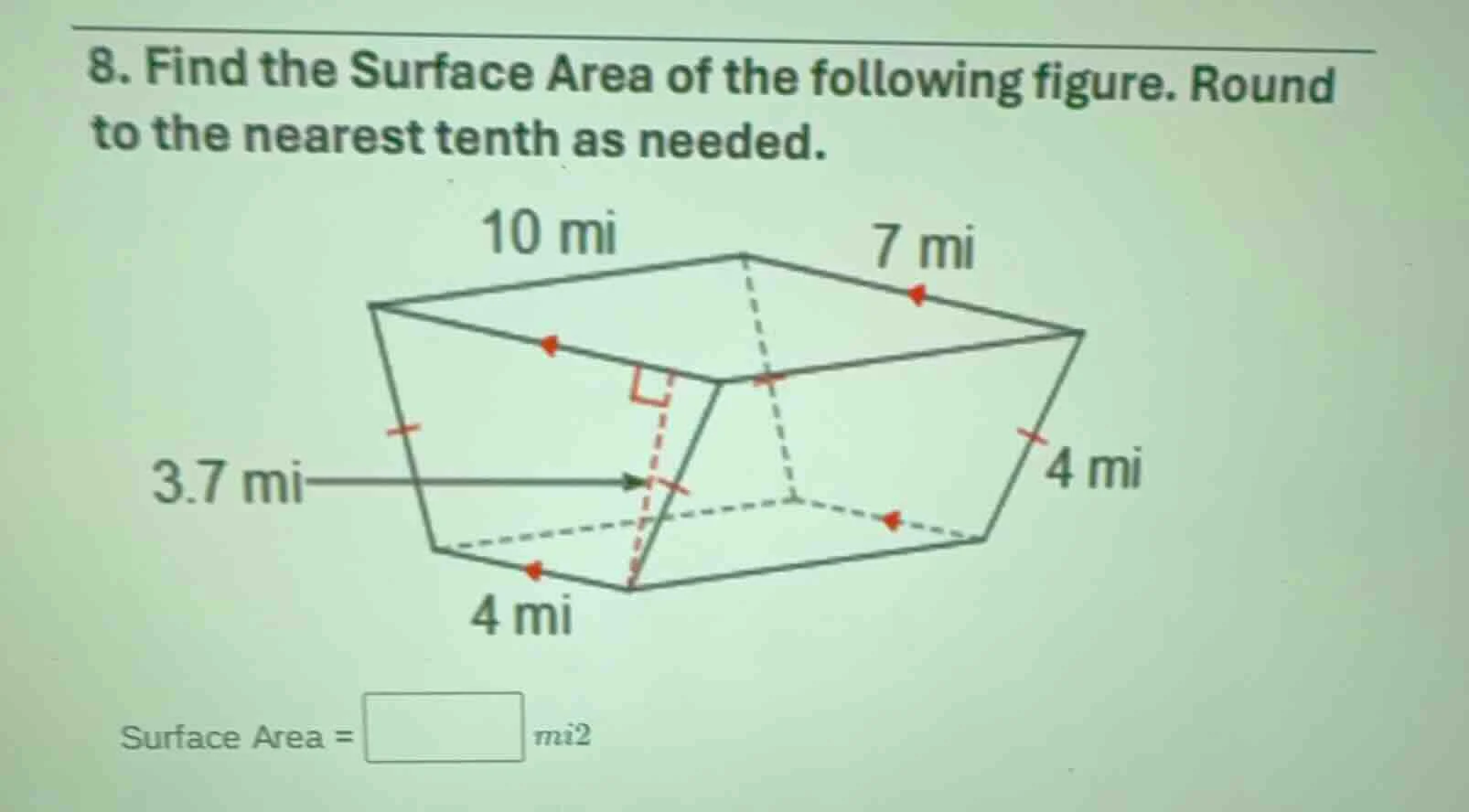 8. find the surface area of the following figure. round to the nearest …