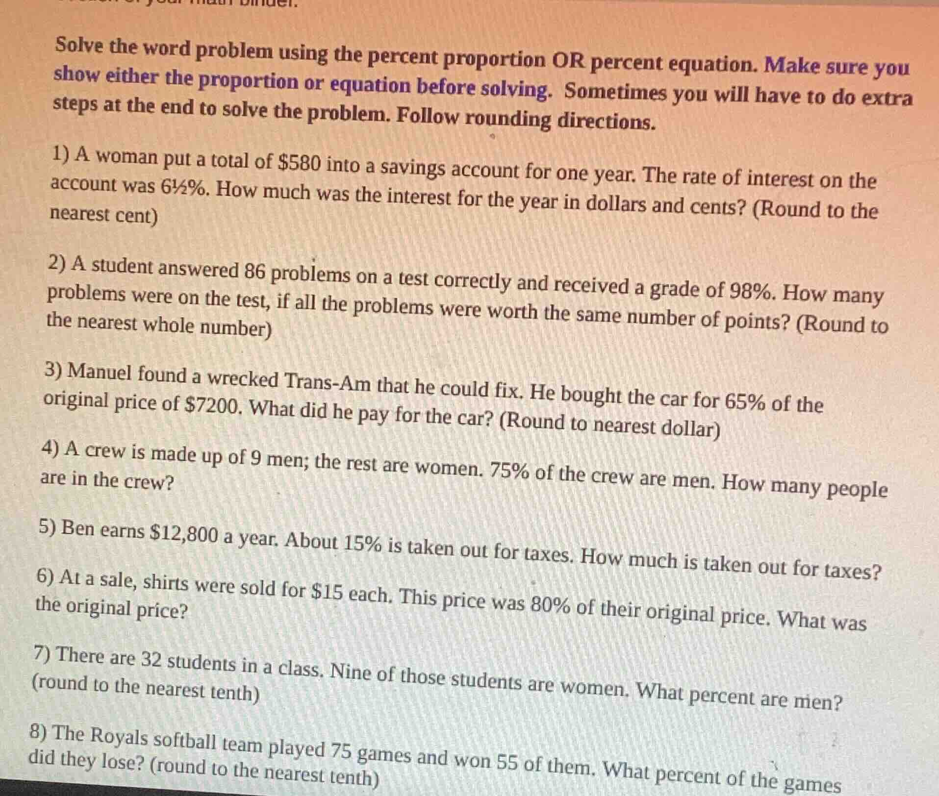 solve the word problem using the percent proportion or percent equation…