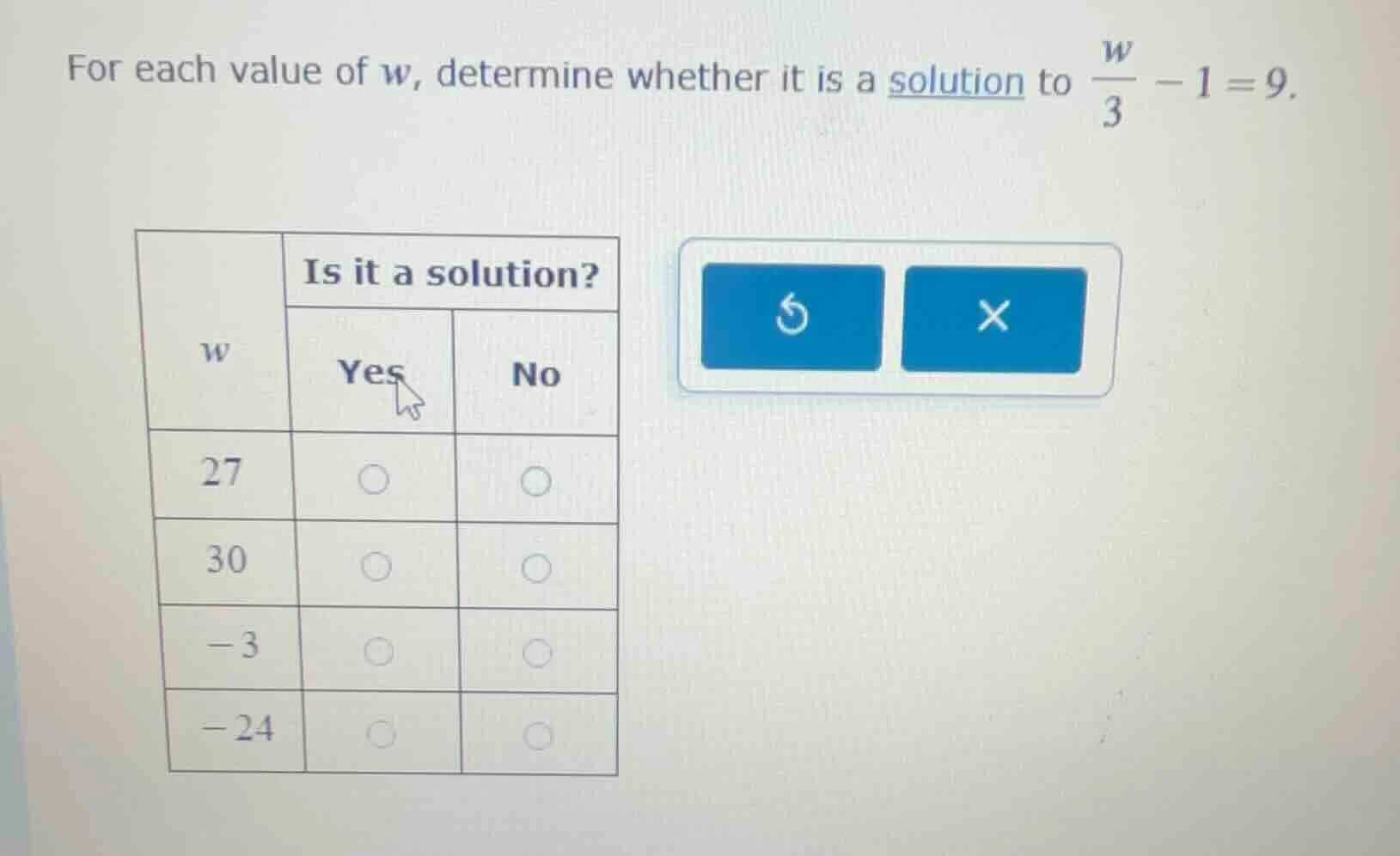 for each value of w, determine whether it is a solution to \\(\\frac{w}…