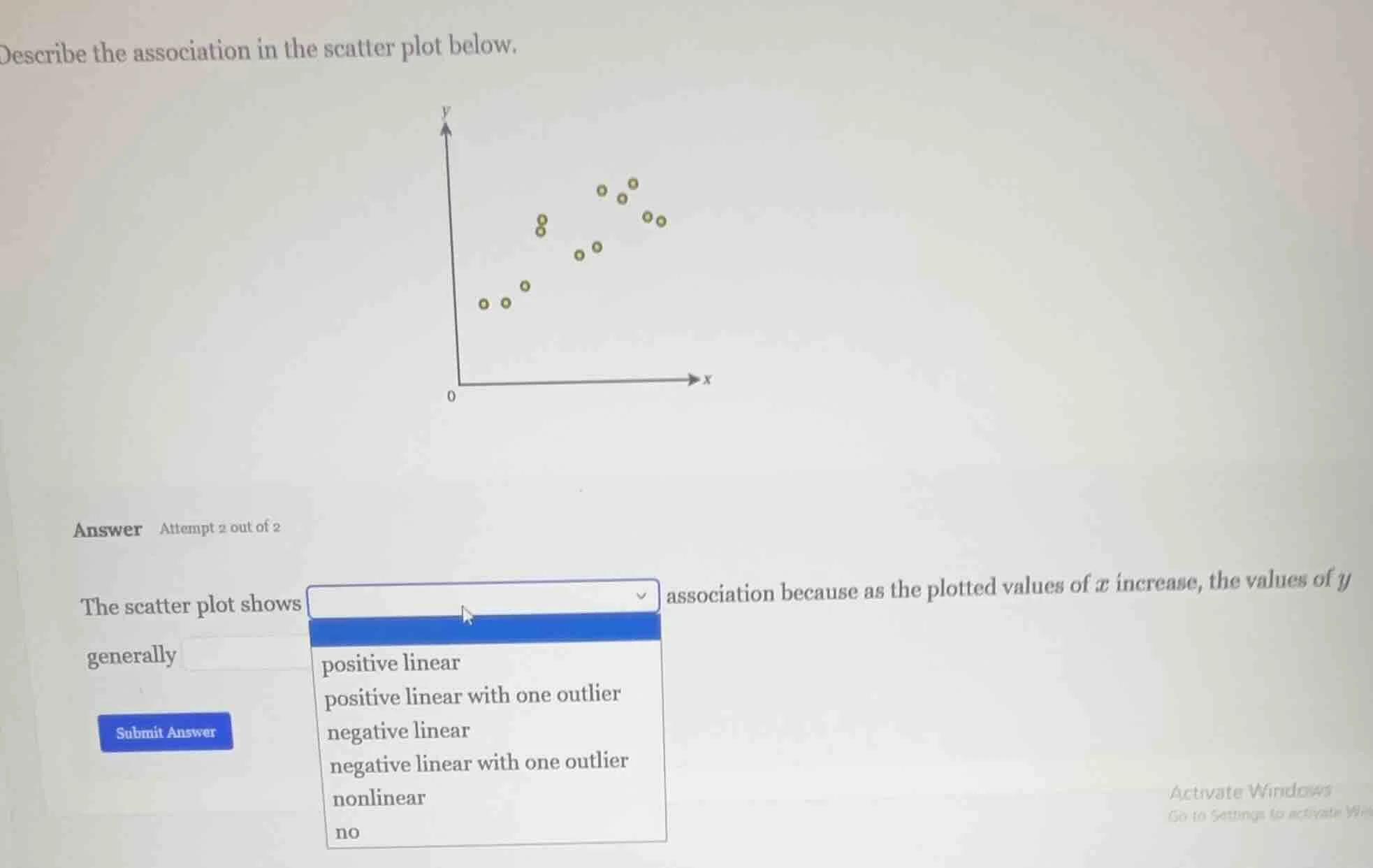 describe the association in the scatter plot below. answer attempt 2 ou…