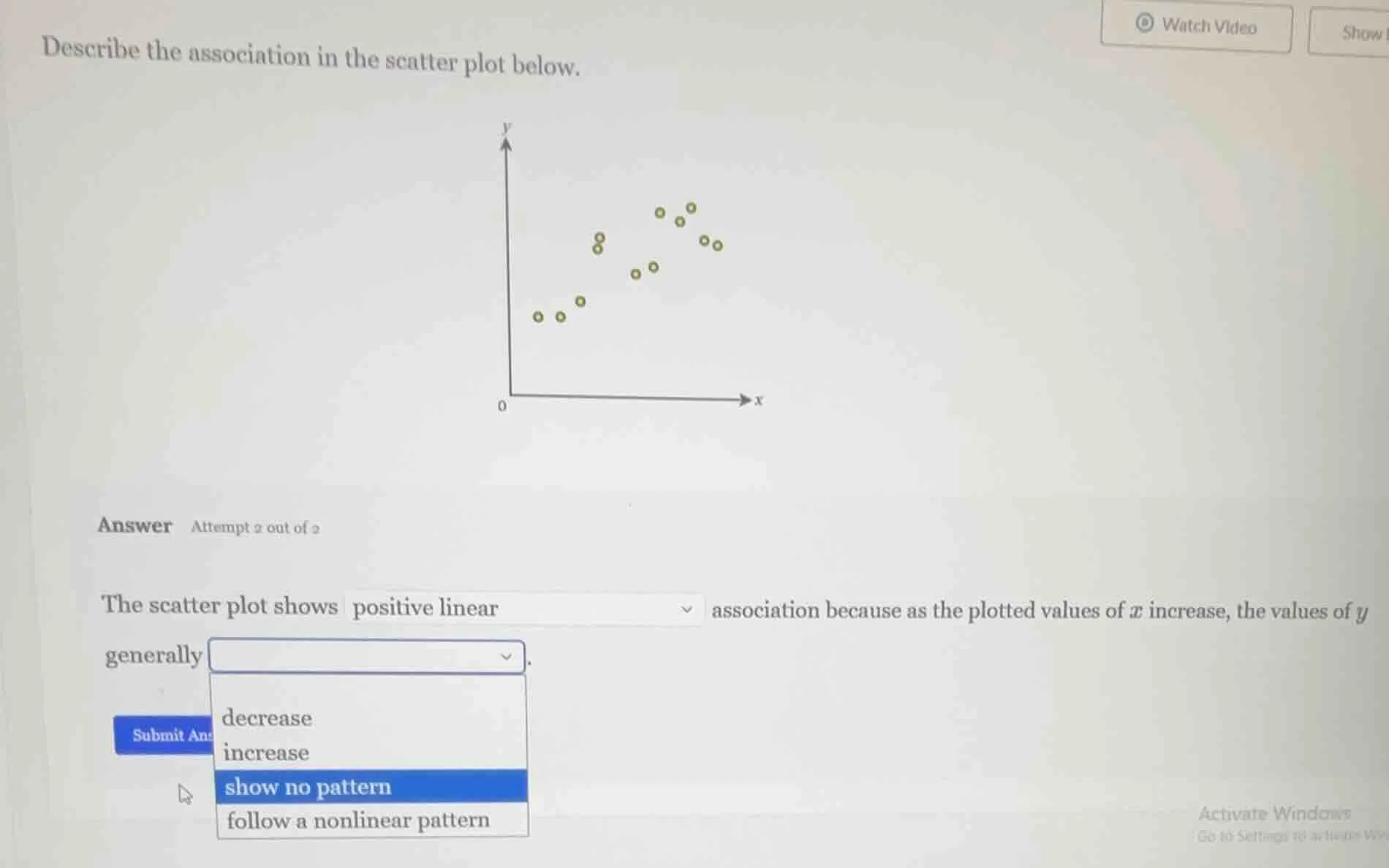 describe the association in the scatter plot below. the scatter plot sh…