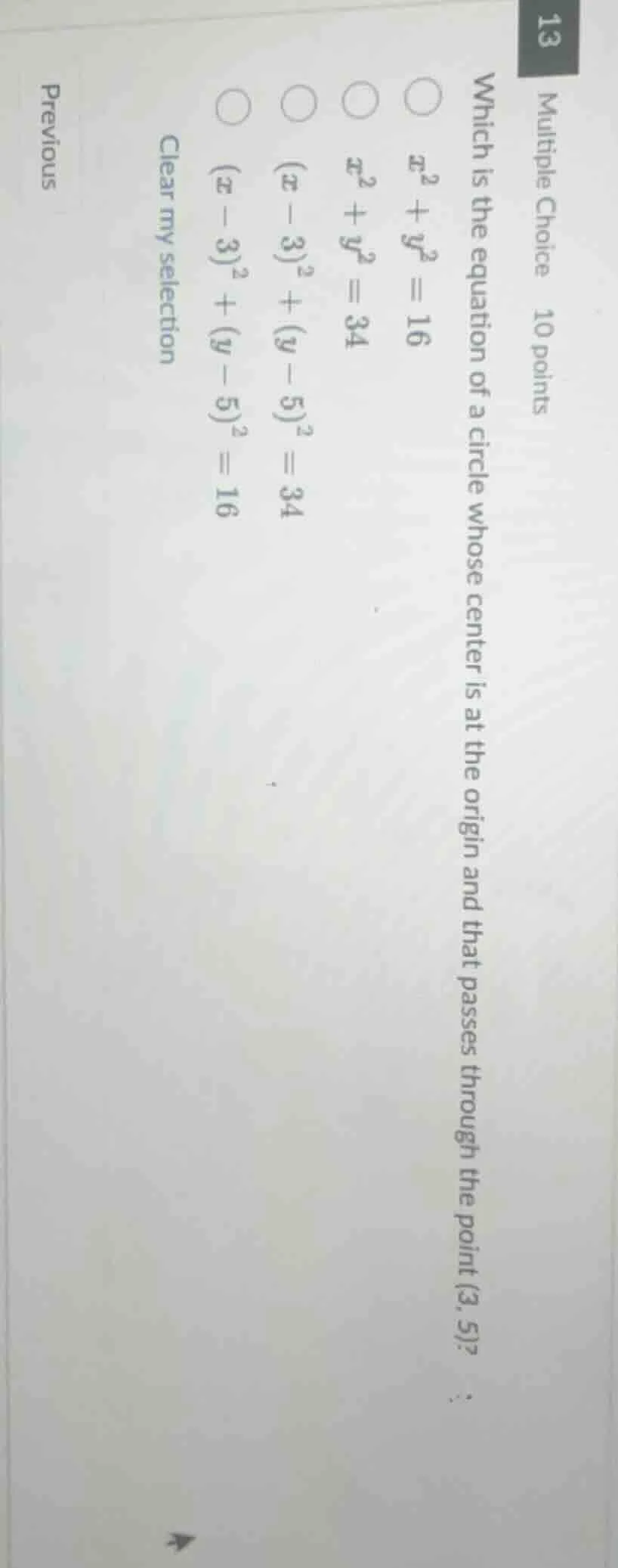 multiple choice 10 points which is the equation of a circle whose cente…