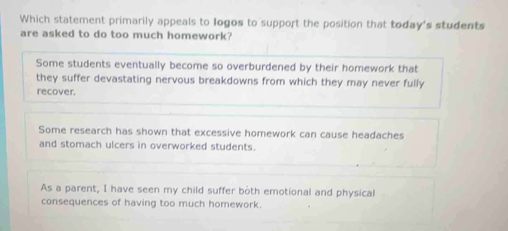 which statement primarily appeals to logos to support the position that…