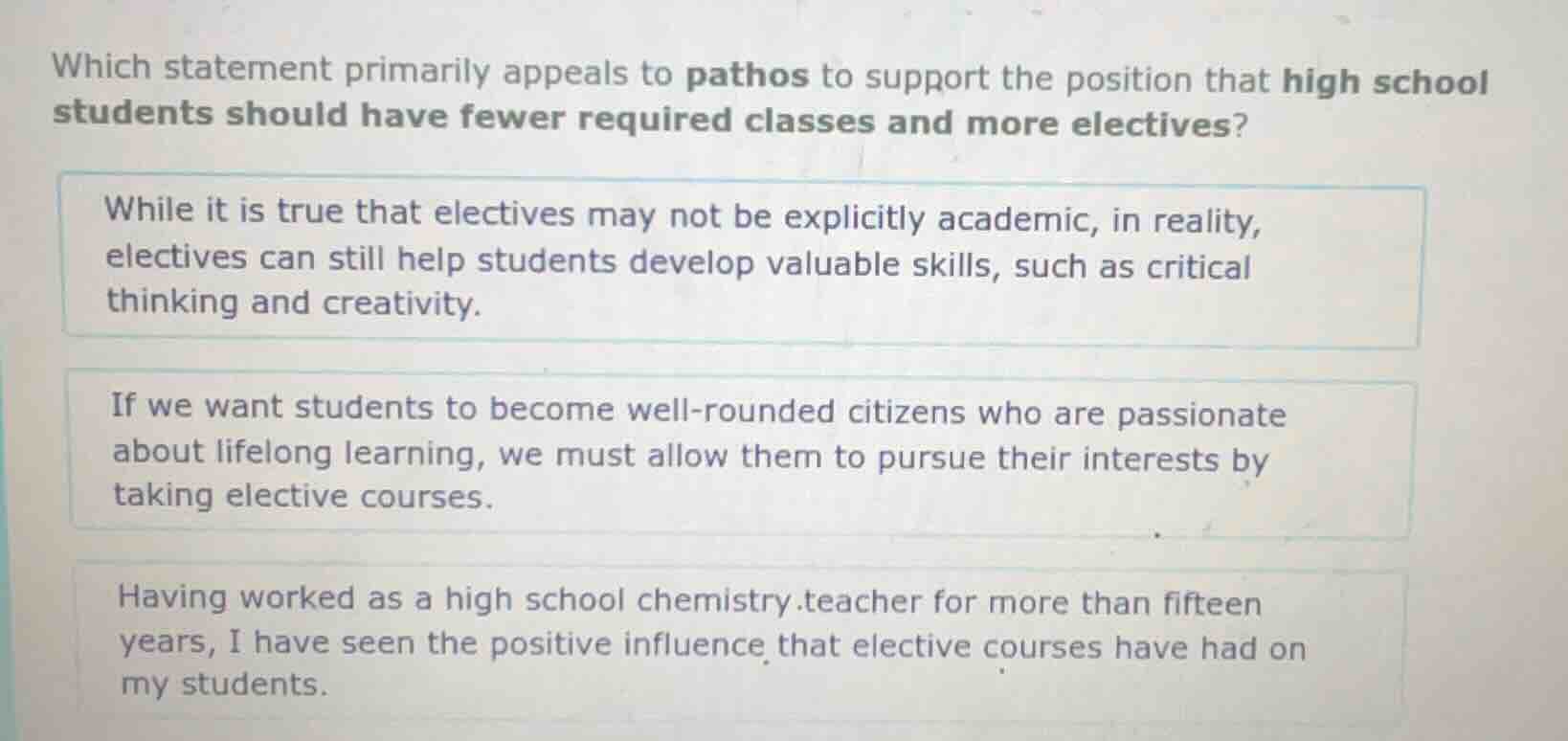 which statement primarily appeals to pathos to support the position tha…