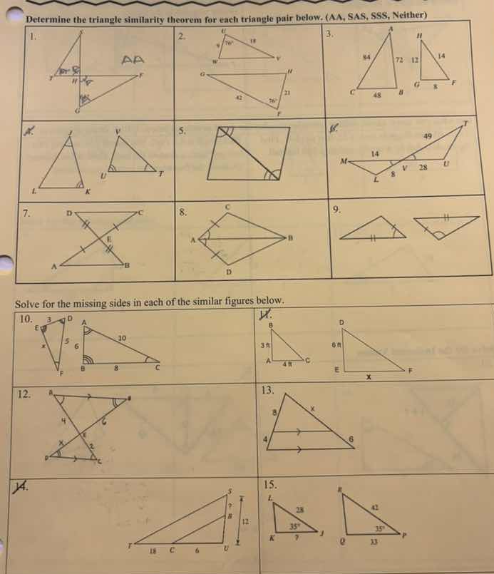 determine the triangle similarity theorem for each triangle pair below.…