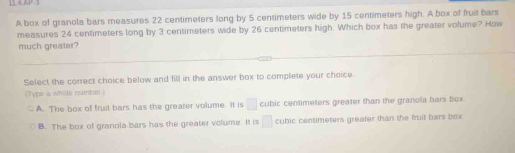 a box of granola bars measures 22 centimeters long by 5 centimeters wid…