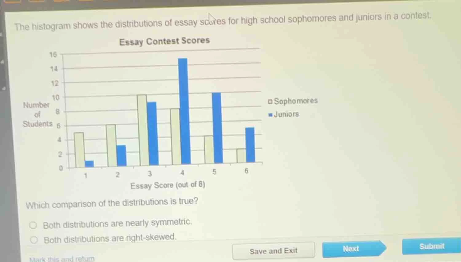 the histogram shows the distributions of essay scores for high school s…