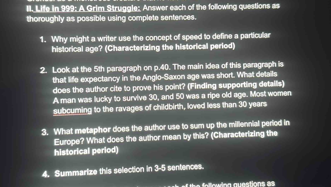 ii. life in 999: a grim struggle: answer each of the following question…