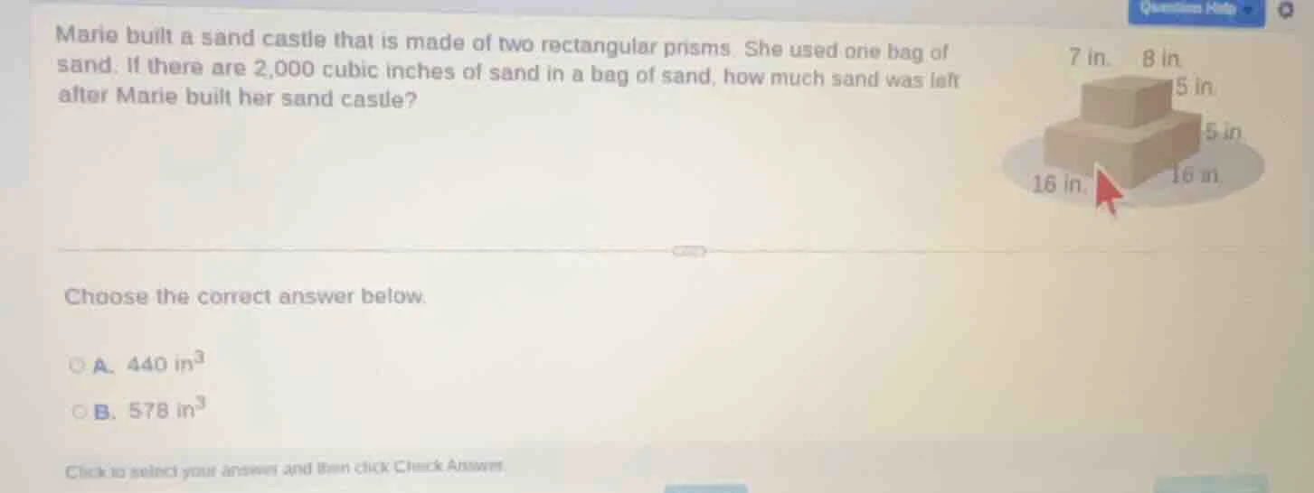 marie built a sand castle that is made of two rectangular prisms. she u…