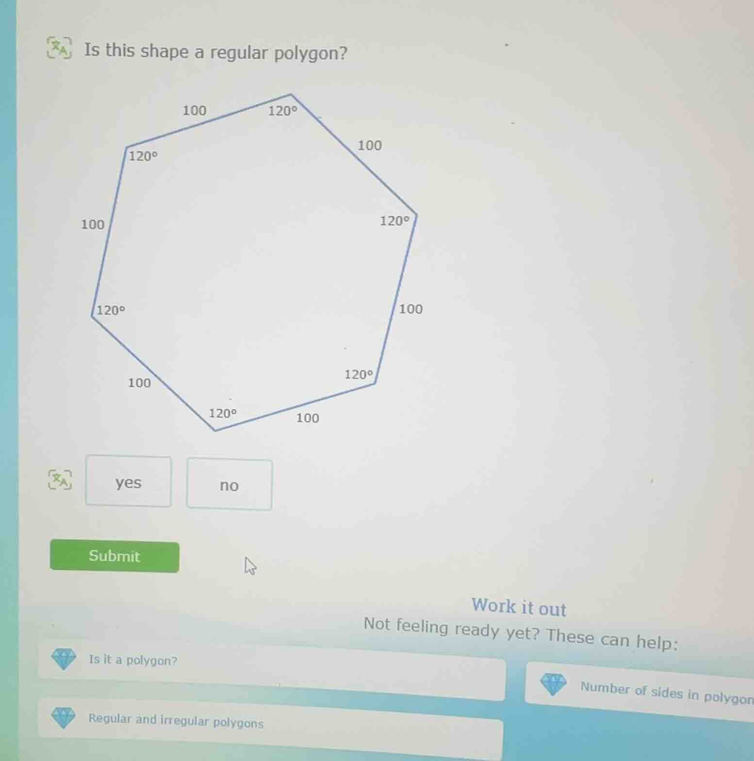 is this shape a regular polygon? yes no submit work it out not feeling …