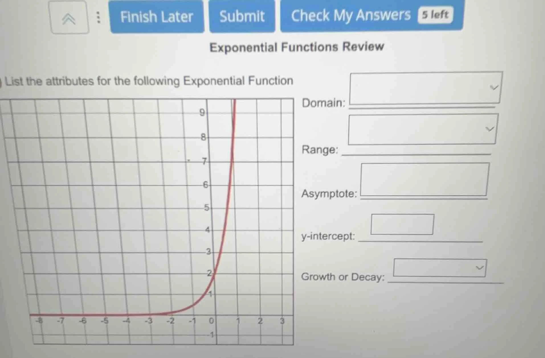 exponential functions review list the attributes for the following expo…