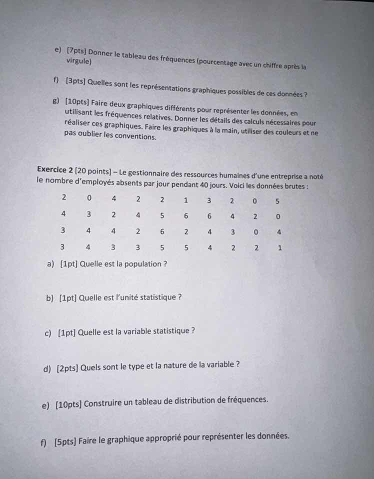 e) 7pts donner le tableau des fréquences (pourcentage avec un chiffre a…