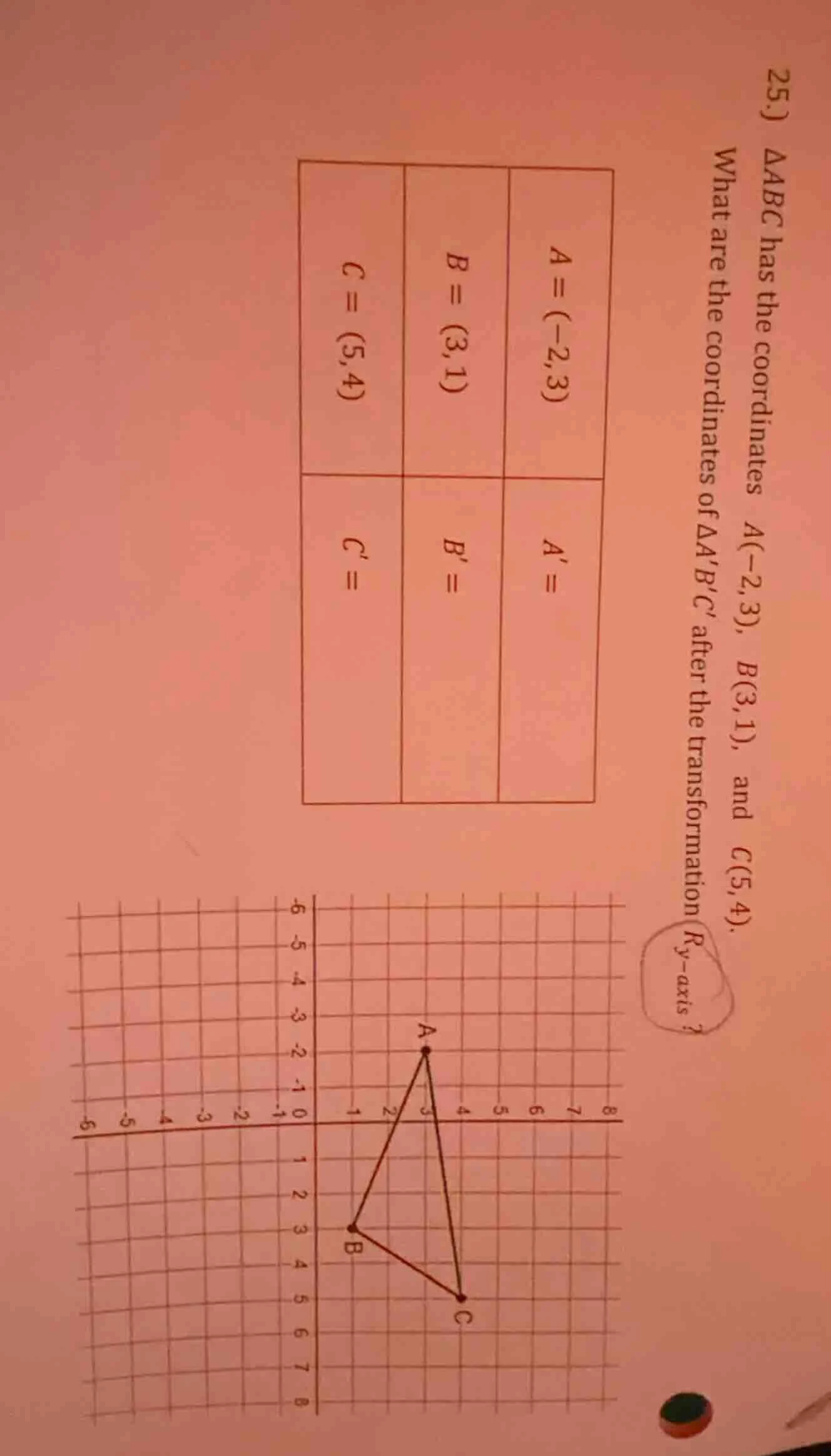 25.) δabc has the coordinates a(-2,3), b(3,1), and c(5,4). what are the…