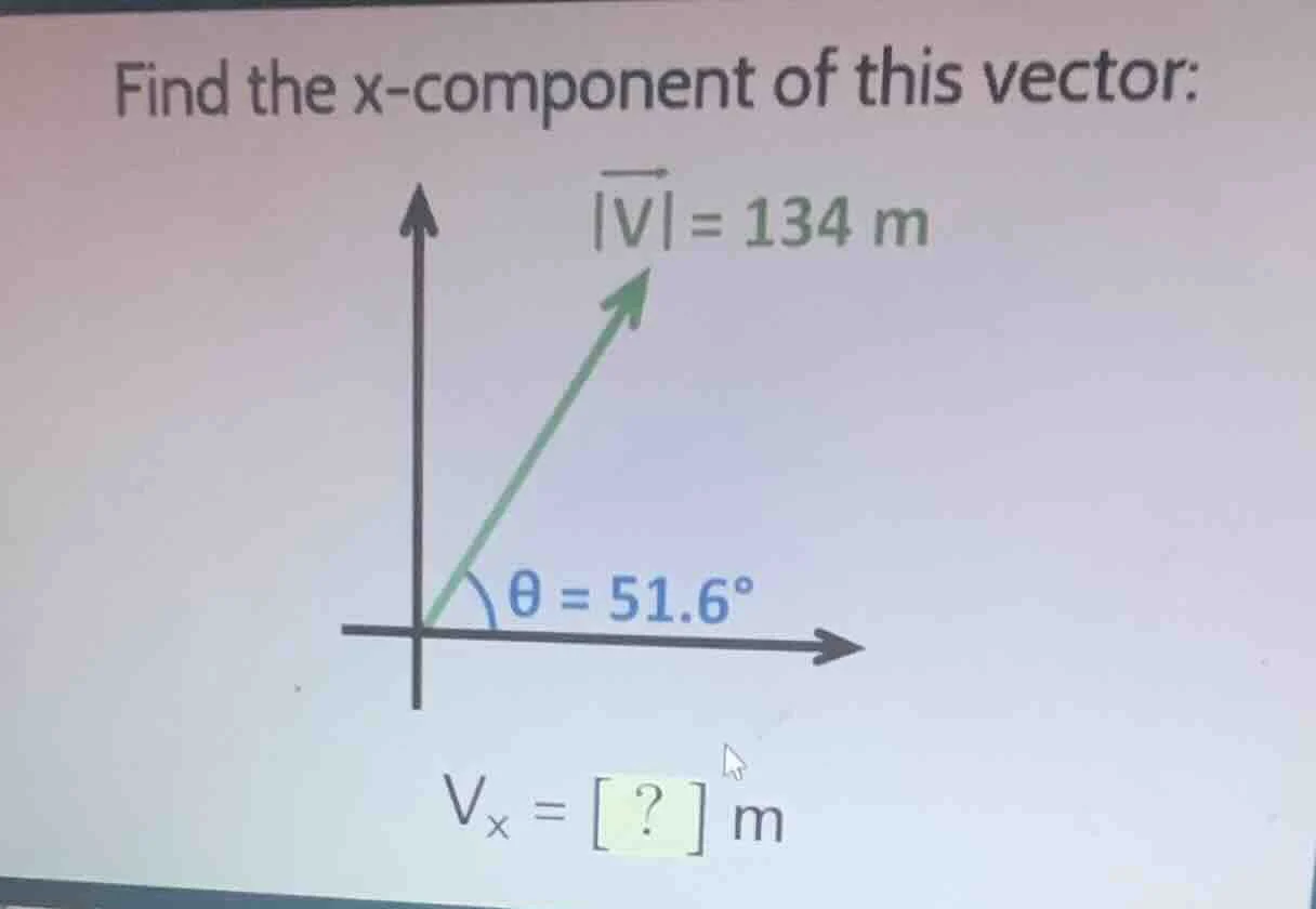 find the x - component of this vector: |v| = 134 m, θ = 51.6°, vₓ = ? m
