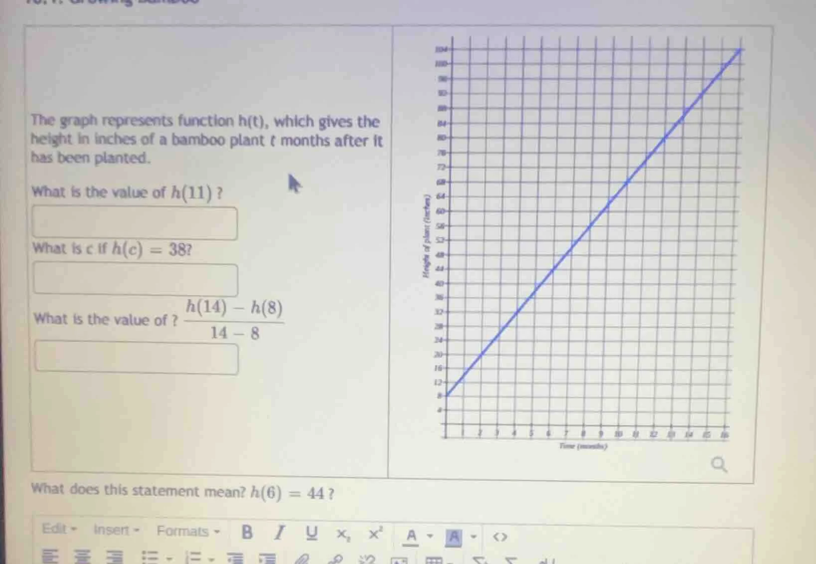 the graph represents function h(t), which gives the height in inches of…