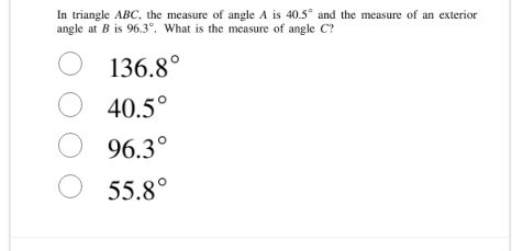 in triangle ( abc ), the measure of angle ( a ) is ( 40.5^circ ) and th…
