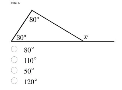find x. 80° 30° x 80° 110° 50° 120°