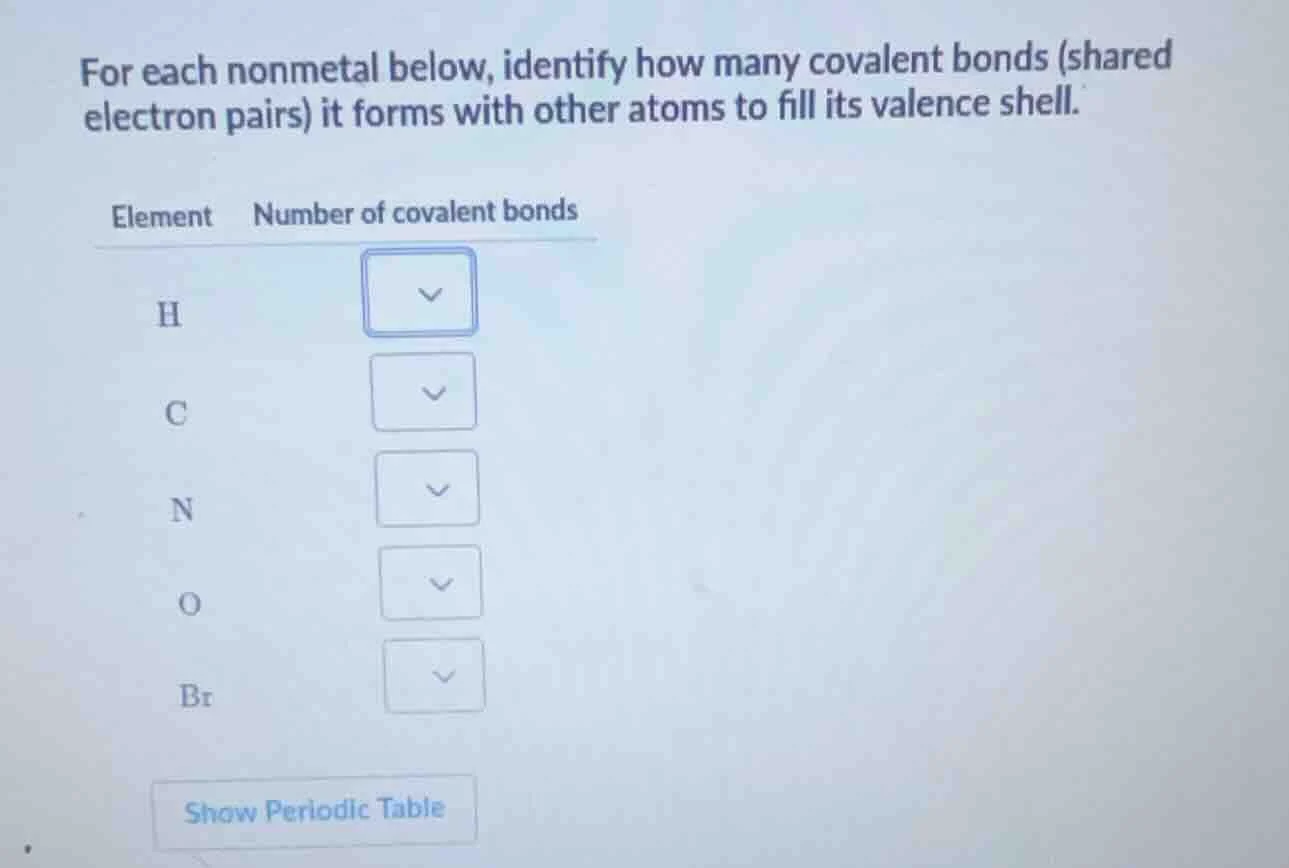 for each nonmetal below, identify how many covalent bonds (shared elect…