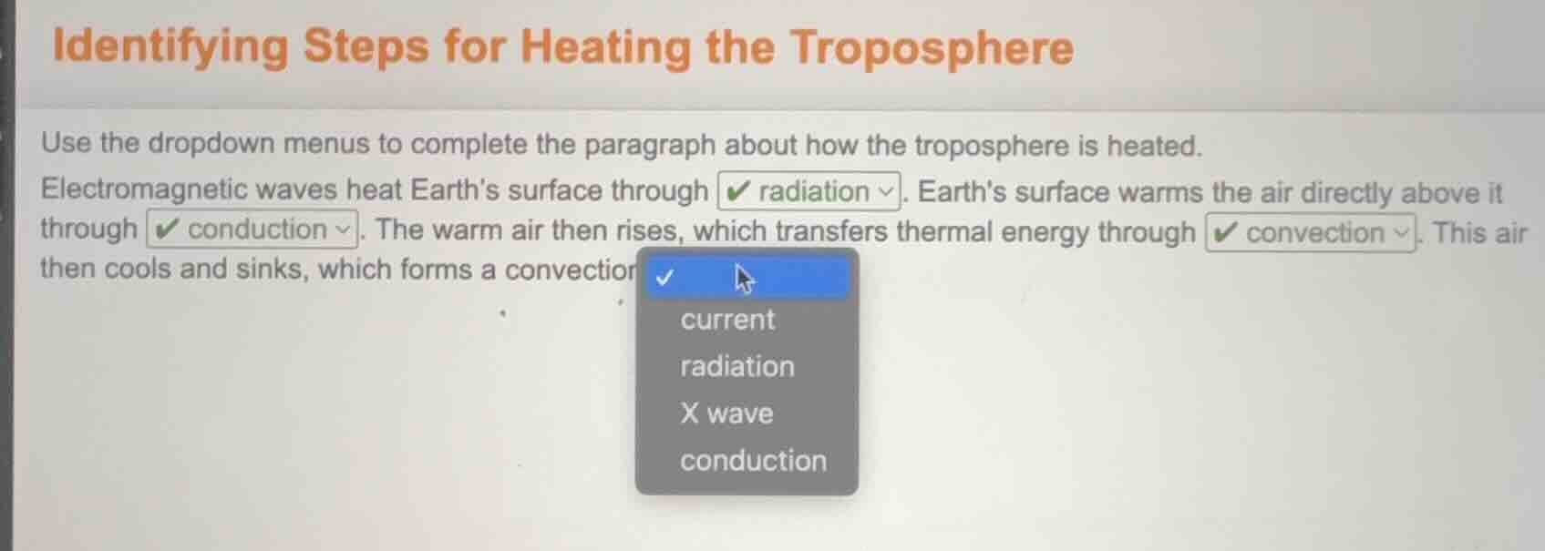 identifying steps for heating the troposphere use the dropdown menus to…