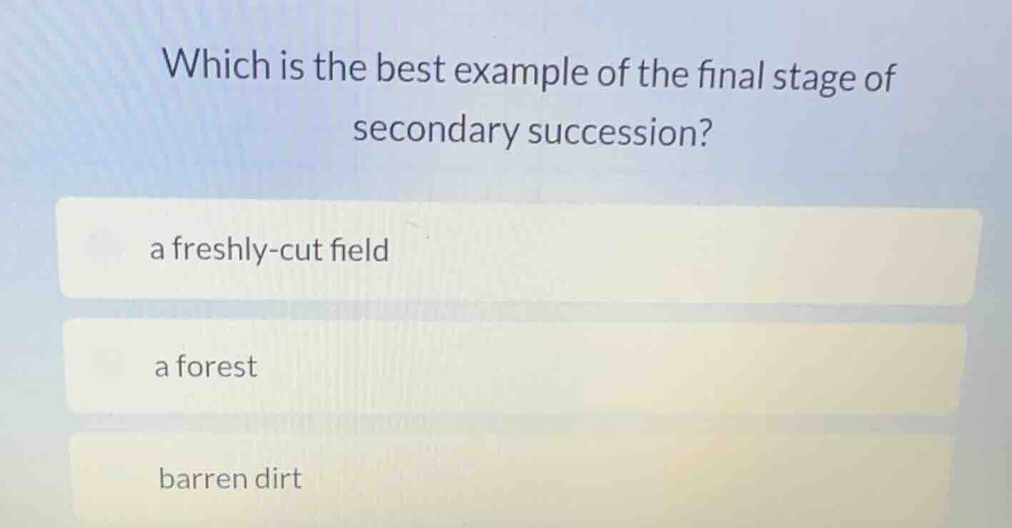 which is the best example of the final stage of secondary succession? a…