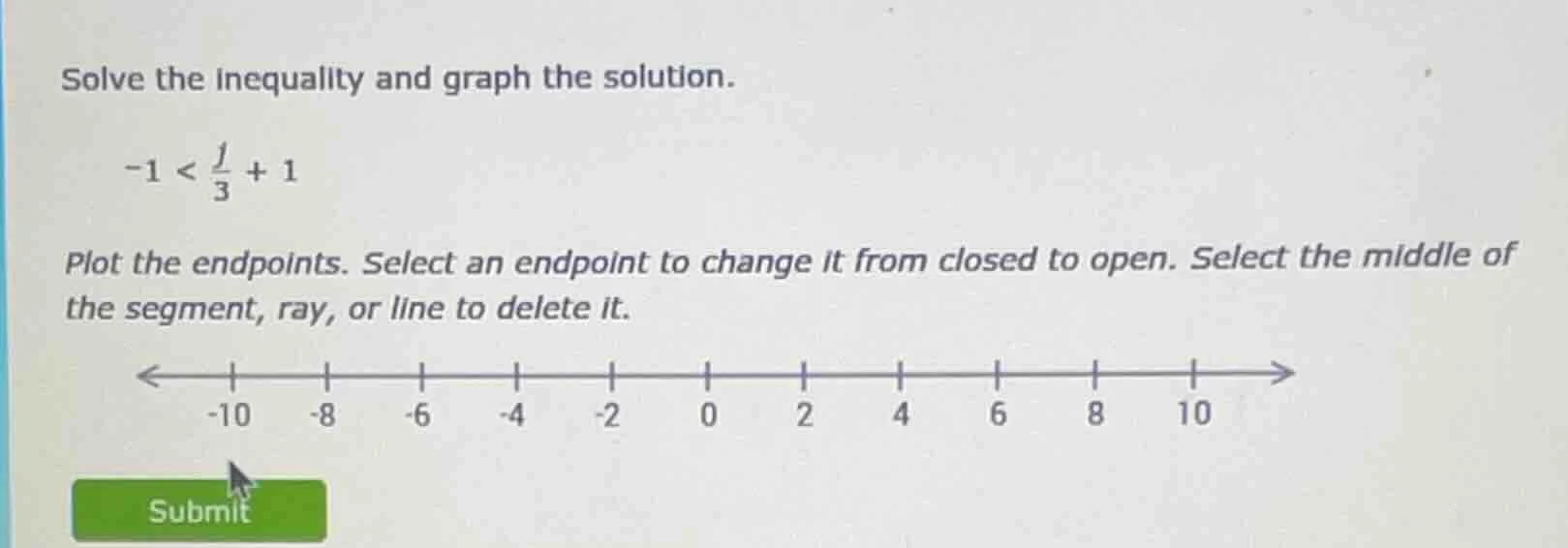 solve the inequality and graph the solution.\ \\(-1 < \\frac{1}{3} + 1\…