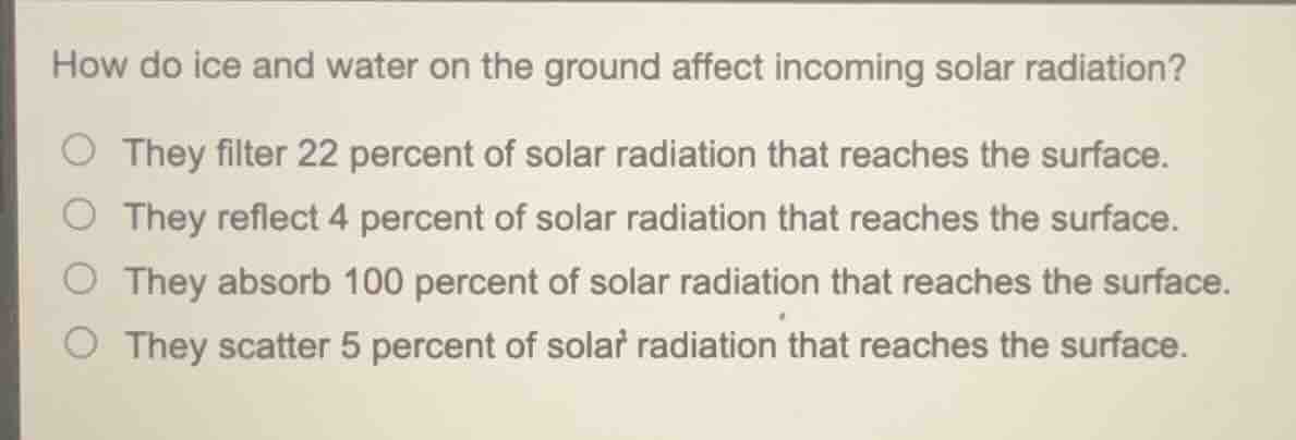 how do ice and water on the ground affect incoming solar radiation? ○ t…