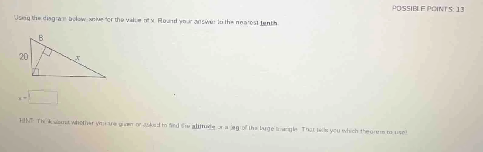 using the diagram below, solve for the value of x. round your answer to…